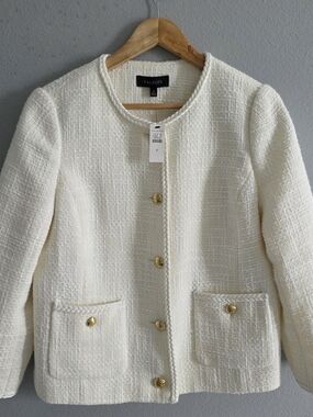 Talbots Ivory Tweed Braided-Trim Jacket with Gold Buttons